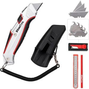 image:imageKingTool SelfRetracting Box Cutter with Holster amp Belt Clip Auto Retractable Safety Utility Knife with Total 10PCS SK5 blades Aaluminum Shell with Rubber Grip Sturdy amp StrongAutoRetractable