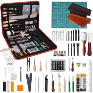 image:image386 pcs Advanced Leather Sewing Tools and Supplies with Carrying Organizer Cutting Mat Stamping Tools Needles Snaps and Rivets Kit Perfect for Stitching Punching Cutting Sewing Leather Craft Making